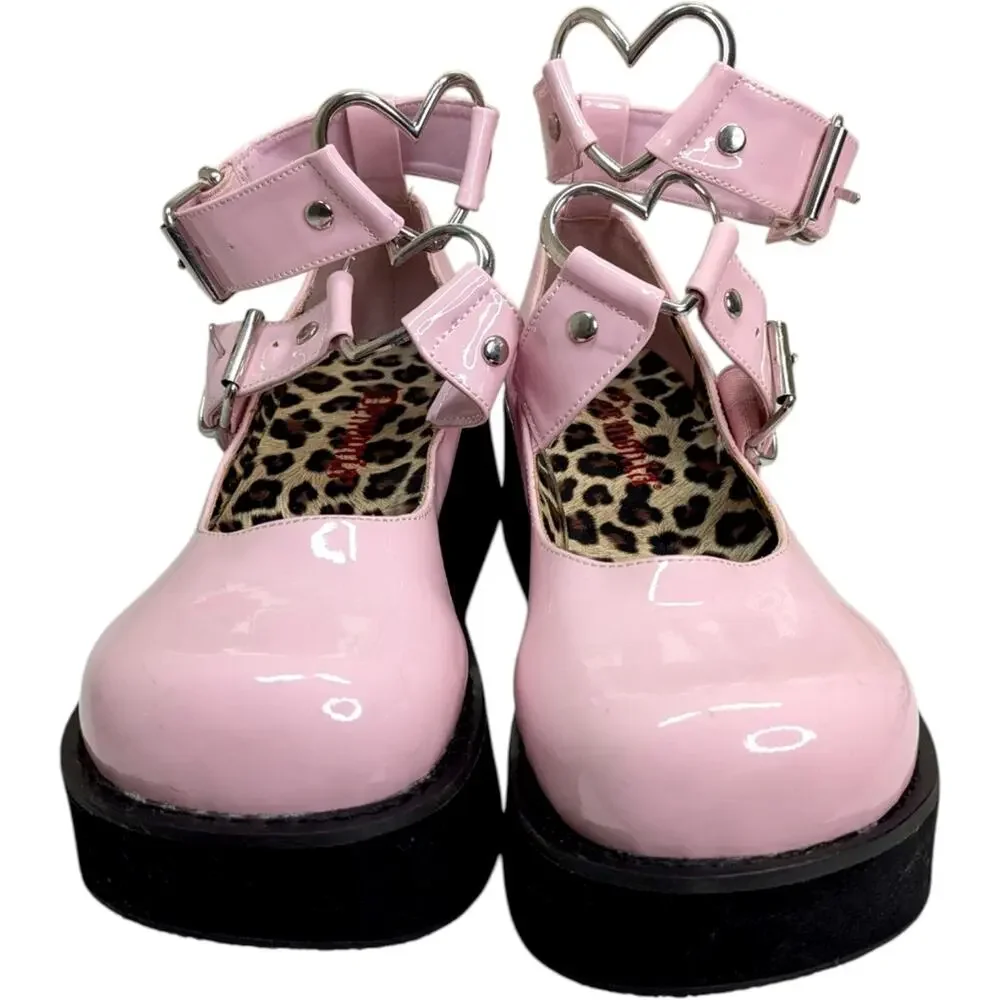 Demonia Sprite O2 Baby Pink Patent Platform Mary Jane 6 Heart Strap Lolita Goth - Picture 6 of 11